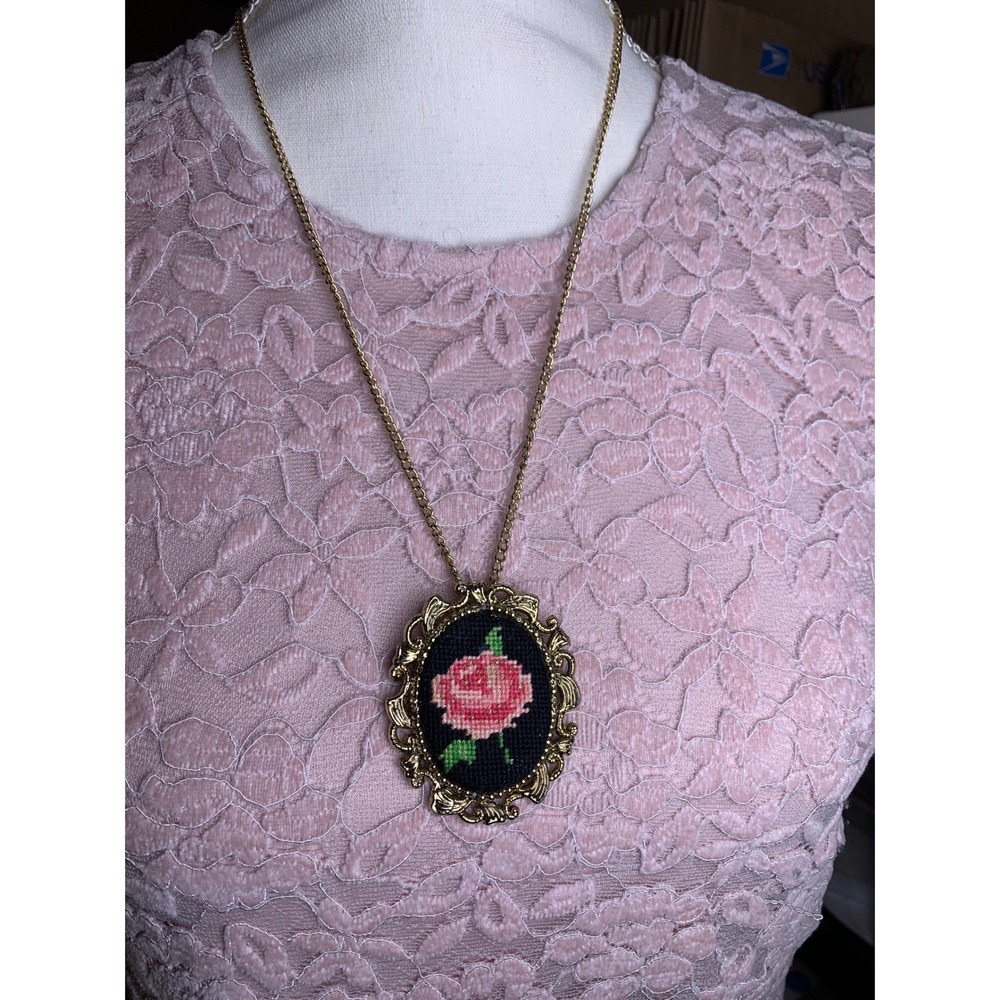Vintage Rose Petit Point Pendant Necklace Brooch Gold‎ Tone Victorian Aesthetic
